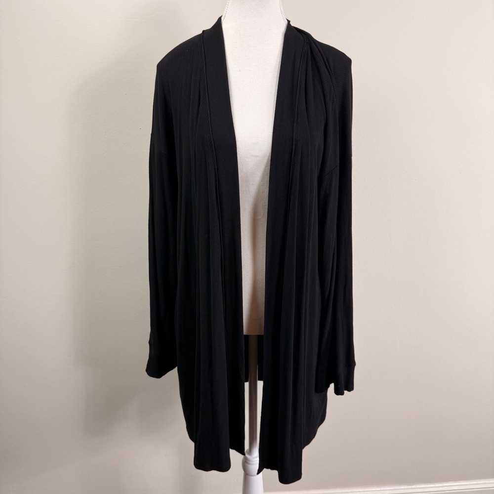 SKIMS Black Ribbed Longline Open Front Cardigan Robe Pockets Size L RN158973